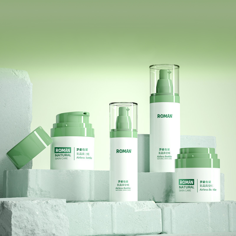 Plastové kosmetické balení Láhev na obličejový krém 30 ml 50 ml 80 ml Sada lahviček s galvanickým pokovováním se zelenou bezvzduchovou pumpou pro lahvičku na sérum proti stárnutí